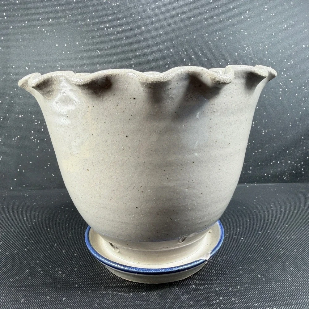 Westerwald Stoneware Fort Benning Georgia Planter Ruffled Rim Cobalt Blue Signed